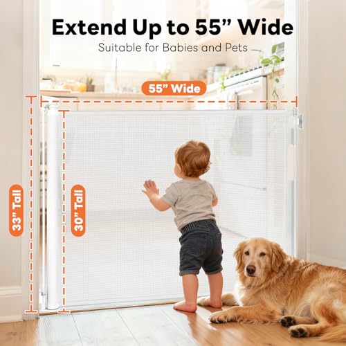 2 Pack) Retractable Baby Gates for Doorways, 55" Wide Mesh Dog Gate (White / 33'' Tall X 55'' Wide (2 Pack))