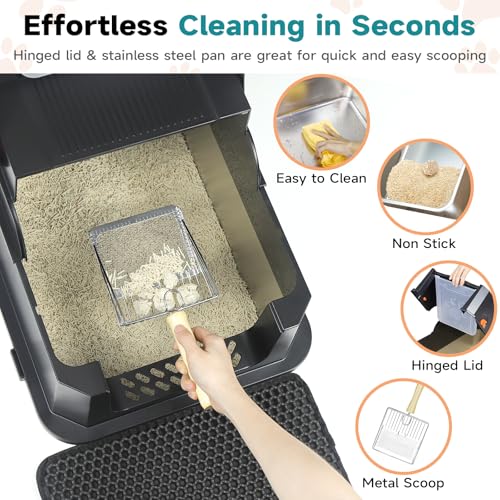 TENTIZON Stainless Steel Cat Litter Box with Lid (Black)