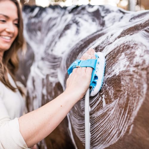 5-in-1 Horse & Dog Bath Brush & Curry Comb - XL Blue Silicone - Includes 3-ft Shower Hose Attachment & Adapter - Adjustable Spray Scrub Massager - Great for Horses & Big Dogs (X-Large)