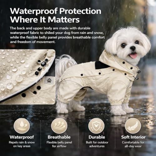 Waterproof Dog Raincoat with Removable Hood (Ivory / XXS (Back 9"))