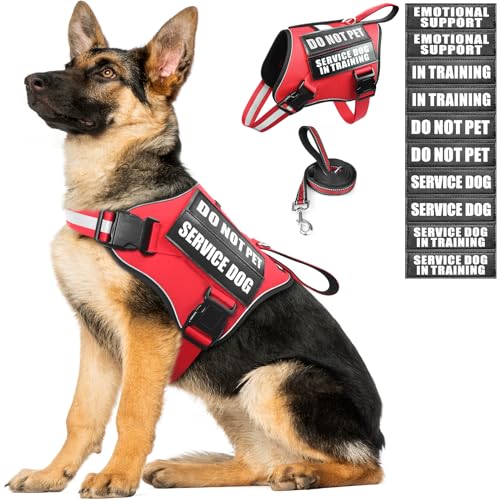 Service Dog Vest Harness and Leash Set+10 Patches (Extra-large / Red)