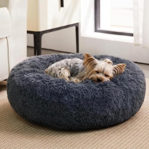 Large Round Calming Dog Bed Cat Bed for Comfy Sleep (36"L x 36"W x 10"Th / Navy Grey)