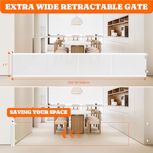 Retractable Baby Gates Extra Wide (White / 41" Tall x 200" Wide)