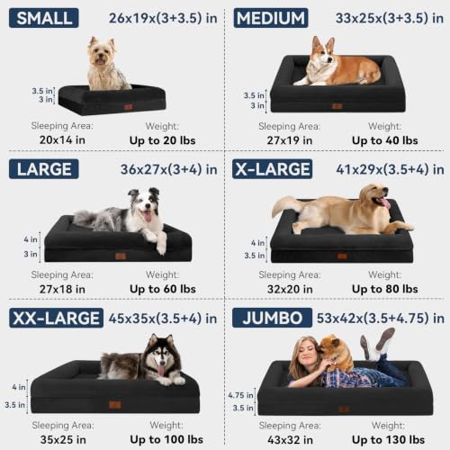 Jumbo Waterproof Dog Bed for Extra Large Size Dogs with Bolster (Black / 53.0"L x 42.0"W x 8.25"Th)