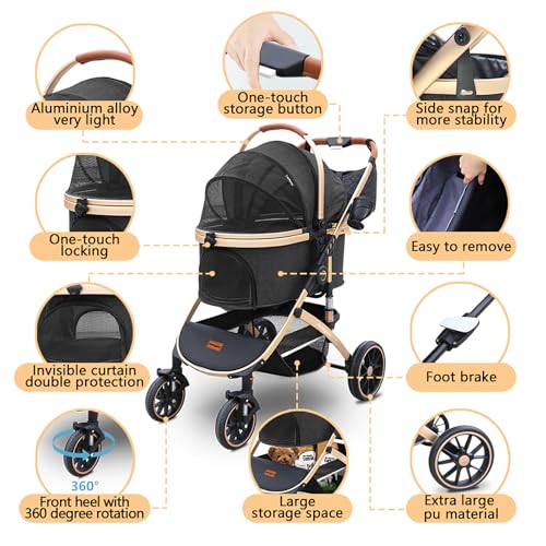 Dog Stroller with Removable Carrier Foldable Pet Stroller (Black)