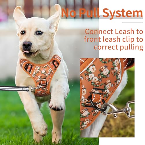Dog Harness No Pull Adjustable Padded Reflective Harness for Small Medium Large Dogs with Handle for Walking Training (M / Flower-Orange)