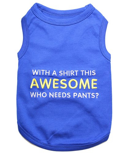 Dog T-Shirt - Embroidered “ Awesome “ Dog Shirt - Pure Cotton and Lightweight Pet Clothes - Blue Sleeveless Pet Tee Shirts - Cute Puppy Clothes - Shirts for Small Dogs Boy - XS (XS)