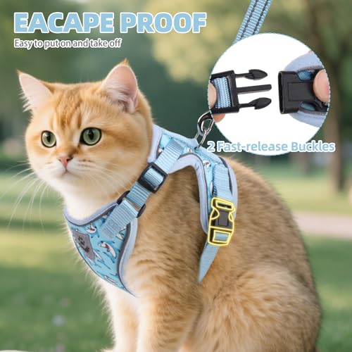 Cat Harness and Leash Set Escape Proof Reflective Cat Walking Harness Adjustable Soft Breathable Mesh Vest for Small Pets (M (NECK 11"-13.7", CHEST 16"-20") / Blue Sharks)