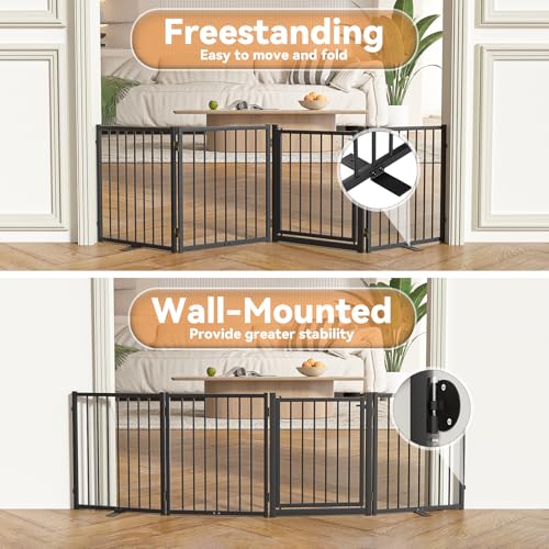 Full Metal Freestanding Dog Gate with Door (【4 Panels】80"W*24H" / Black)