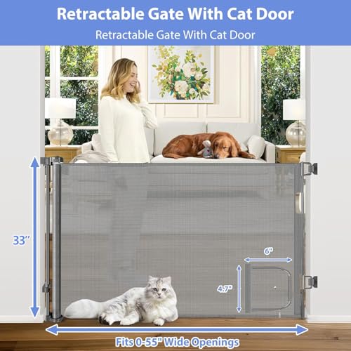 Retractable Dog Gate with Cat Door 55" Wide Retractable Pet Gate with Cat Door Mesh Dog Gate Retractable Baby Gates for Doorway Retractable Puppy Gate for The House Retractable Outdoor Gate for Deck (Gray / 33" X 55"（With Cat Door ）)