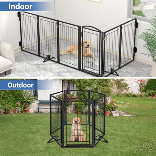 Full Metal Freestanding Dog Gate with Cat Door for Indoor & Outdoor (Black / 【6 Panels with Door】120"W×36"H)