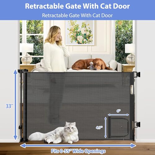 Retractable Baby Gates with Door 55" Wide Retractable Dog Gate with Pet Door Outdoor Retractable Gate for Dogs Mesh Baby Gate Retractable Pet Gate with Cat Door Retractable Child Gates for Doorways (Black / 33" X 55"（With Cat Door ）)
