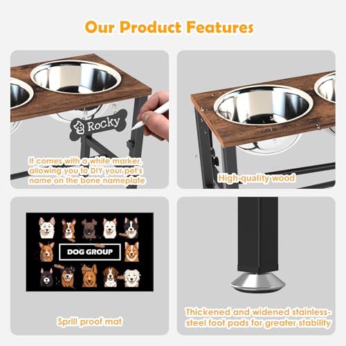 Triple Elevated Dog Bowls Stand for Multiple Dogs (Brown-L, 3 Bowls / Height:9-12.2inch)