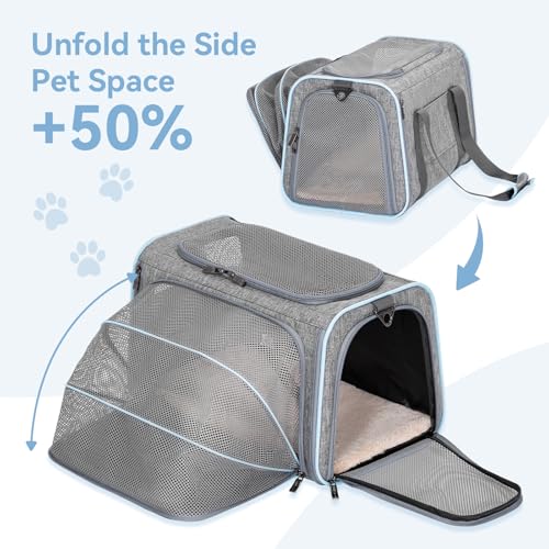 Large Expandable Cat Carrier for Travel (19.0"L x 12.0"W x 12.0"H / Light Gray)