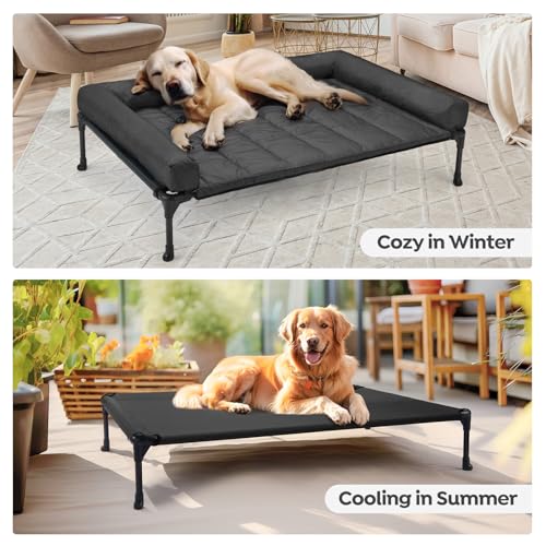 Outdoor Elevated Dog Bed with Waterproof Bolster Cushion (Black / 32.0"L x 25.0"W x 7.0"Th)