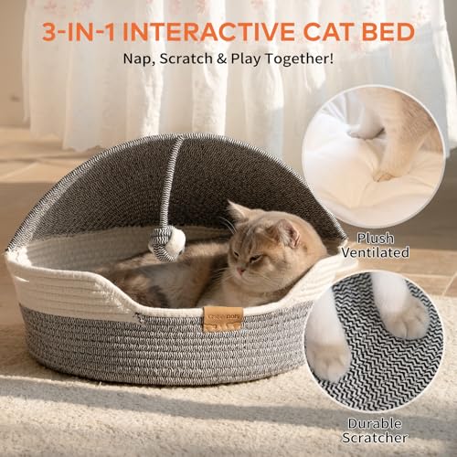 Cat Basket Bed with Washable Cushion and Ball Rope Cotton (Blue)