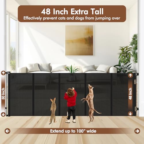 Reinforced 48" Extra Tall X 100" Extra Wide Retractable Baby Gate for Large Openings Extra Tall Dog Gates for Doorways Extra Long Baby Gate Mesh Large Dog Gate Indoor Pet Gate for Cats (Black / Reinforced 48" Tall x 100" Wide)