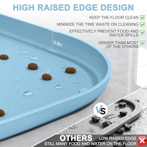 Waterproof Silicone Pet Food Mat with Raised Edge for Dog & Cat (Light Blue / 22"L x 14"W)