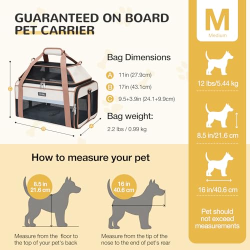 Top Expandable Pet Carrier 17x11x9.5 Inch Alaska Hawaiian Airline Approved Soft Sided Underseat to 12lbs Travel Carriers for Small Dogs and Cats with Locking Safety Zippers Anti (Khaki)