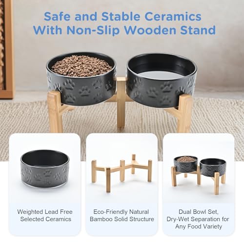 Elevated Dog Bowls Ceramic (6.1 in - 3.6 cups / Paw Black)
