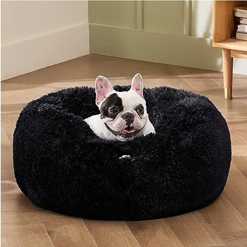 Calming Small Medium Dog Bed Donut Washable Puppy Bed (27"L x 27"W x 8"Th / Black)