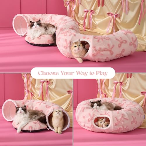 Lesure Donut Cute Jacquard Cat Tunnel Bed Kitten Toys for Puppy Bunny (Standard (33.5"L x 33.5"W x 10"H) / Bow Pink Taffy)