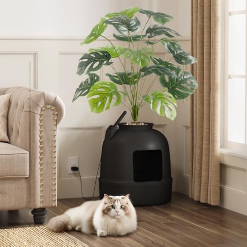 Hidden Plant Cat Litter Box with Electric Odor Control System Black (Black)