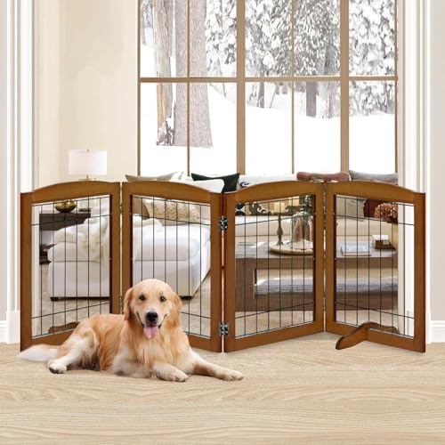 4 Panel Freestanding Wooden Dog Gate (30"Height-4 Panel / Oak Cherry)