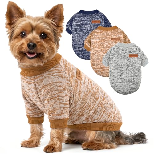3 Pack Dog Sweaters for Small Dogs Girl Boy Winter Fleece Clothes Warm Soft Dog Sweatshirt Outfit for Dogs Cats Pet Apparel (Khaki+Gray+Navy Blue / XL (Back: 17.7", Chest: 22.8", 18-22 lbs))