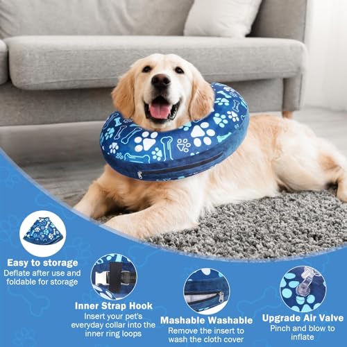 Dog Cone Alternative After Surgery Donut Collar (Blue Footprints / L(Neck 16"-18"))