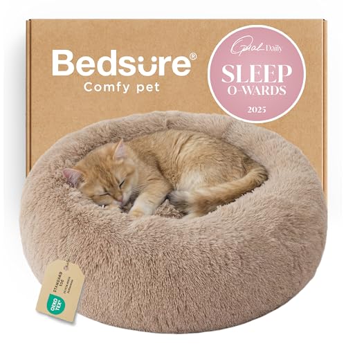 Calming Cat Beds Donut Round Washable Kitten Bed (20"L x 20"W x 6"Th / Camel)