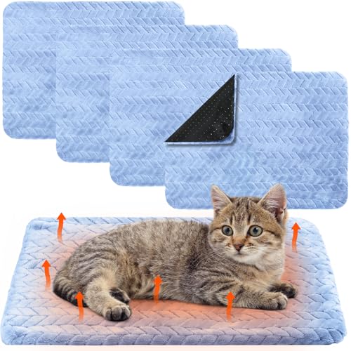 4 Pack Self Warming Cat Bed Mat Self Heating Pad for Dog Extra Warm Winter Pet Pad Washable Thermal Pads Mats for Pets Indoor Outdoor (Blue / 16 x 20 Inch)