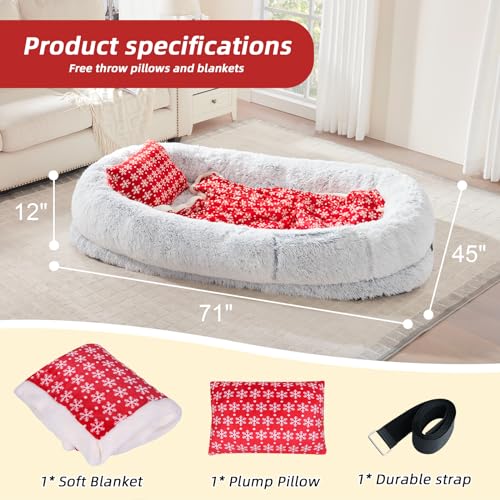 Human Dog Bed (71.0"L x 45.0"W x 12.0"Th / Grey-Christmas)