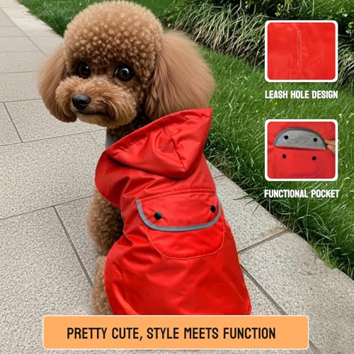 Dog Raincoat Dogs Rain Jacket for Puppy Small Dogs Waterproof Pet Clothes Reflective Poncho Rainwear Breathable Lined Pocket Hooded Leash Hole Adjustable (Red / S:Back Length 8.6")