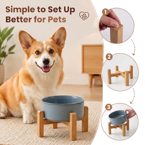 Elevated Ceramic Dog Bowl with Bamboo Stand (Gray Blue / 3.6Cup)