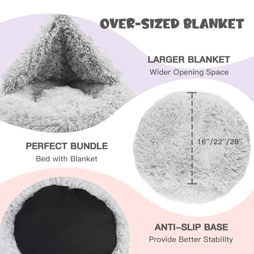 Covered Large Dog Bed with Blanket Attached Calming Burrow Light Grey (35.0"L x 35.0"W x 10.0"Th / Light Grey)