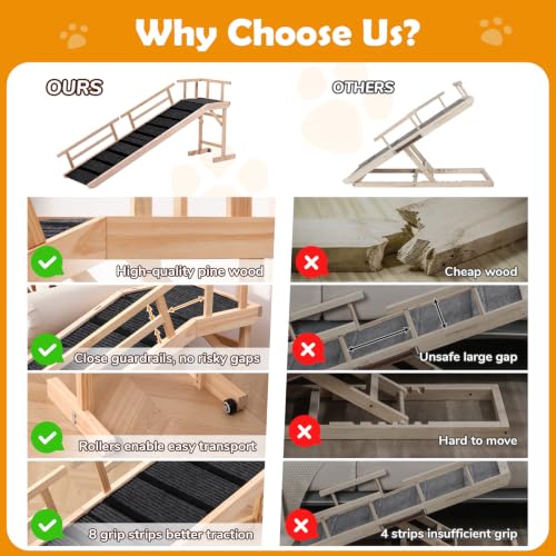 74" Wooden Dog Ramp with Platform & Wheels Gentle Slope Non (XL-74"L×17"W×25"H)