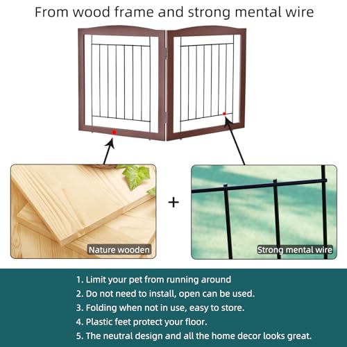 Freestanding Foldable Dog Gate for House Extra Wide Wooden Indoor Puppy Gate Stairs Doorways Pet Gate Tall Dog Fence 2 Panels Fence Brown (Brown / 【2 Panels】40''w x 24''h)