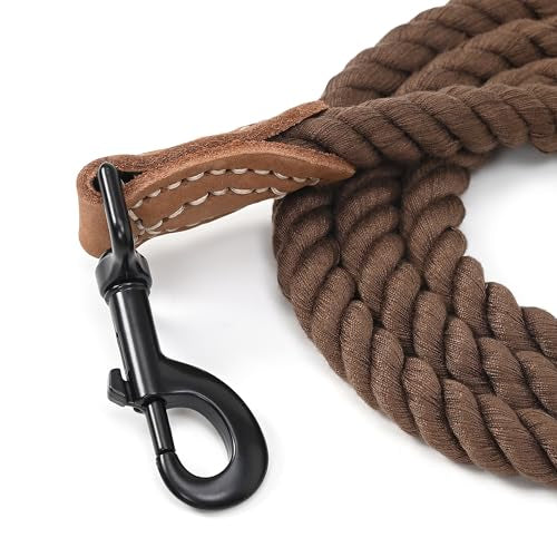 Dog Leash Braided Cotton Rope with Leather (Dark Brown / 72 Inch-1/2")