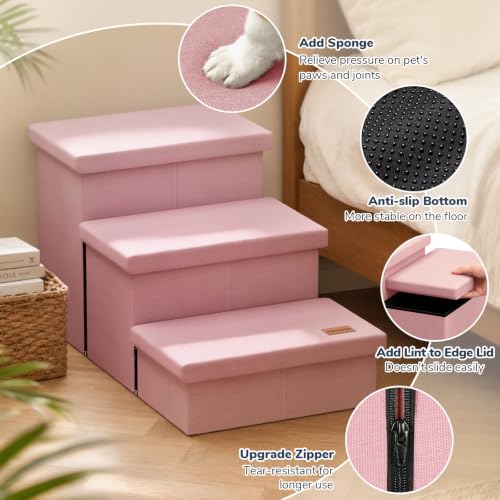 3 Step Wide Dog Stairs with Hidden Storage 18" H (Pink / 30"D x 17"W x 17.7"H)