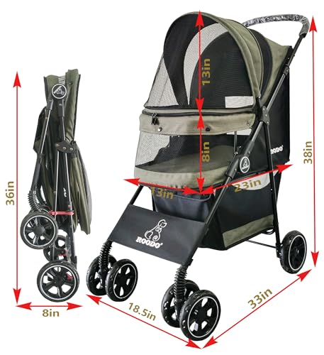 4 Wheel Dog Cat Pet Stroller Best Lightweight Foldable Compact Portable Jogger All Terrain Travel Pet Gear Puppy Doggie Bunny Kitty Stroller for up to 30lbs Medium Small Dogs Cats (sage green)