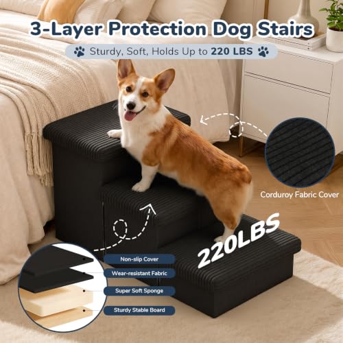 3 Step Wide Dog Stairs 18" H with Removable Cover (Covered Black / 30"D x 17"W x 17.7"H)