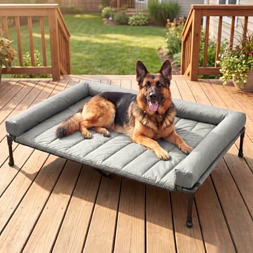 Outdoor Elevated Dog Bed with Waterproof Bolster Cushion (Light Grey / 53.0"L x 37.5"W x 9.0"Th)
