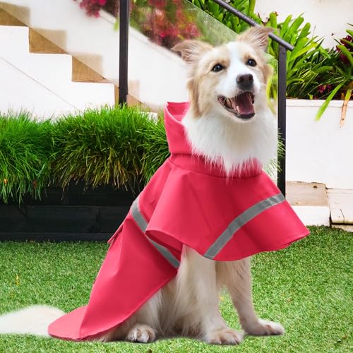 Large Dog Raincoat Adjustable Pet Water Proof Clothes Lightweight Rain Jacket Poncho Hoodies with Strip Reflective (Large (Pack of 1) / Red)