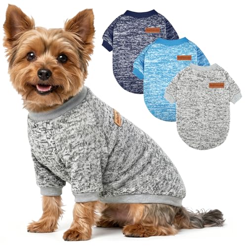 3 Pack Dog Sweaters for Small Dogs Girl Boy Winter Fleece Clothes Warm Soft Dog Sweatshirt Outfit for Dogs Cats Pet Apparel (Navy Blue+Grey+Light Blue / XXL (Back: 20.4", Chest: 26.7", 22-26 lbs))