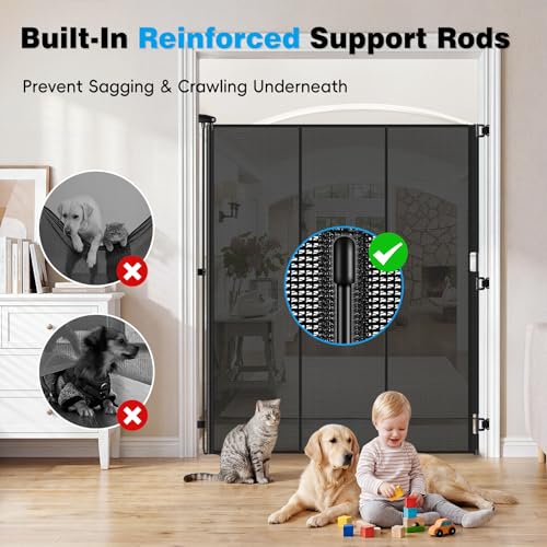 Reinforced 72" Extra Tall Cat Gate for Doorway (Black / 72" Tall x 55" Wide（ With Reinforced Bar ）)