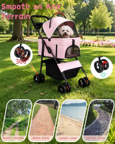 Pet Stroller 3 in1 Foldable Dog Cat Stroller with Detachable Carrier (PINK)