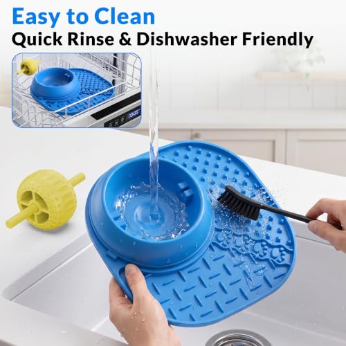 Slow Feeder Dog Bowl with Rotating Lick Ball Blue (Blue)