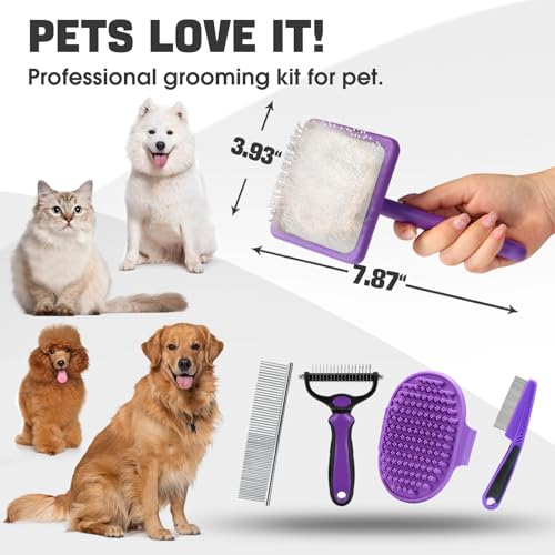Dog Slicker Brush for Dogs Grooming Kit 5PCS Long Haired Doodles (Purple)