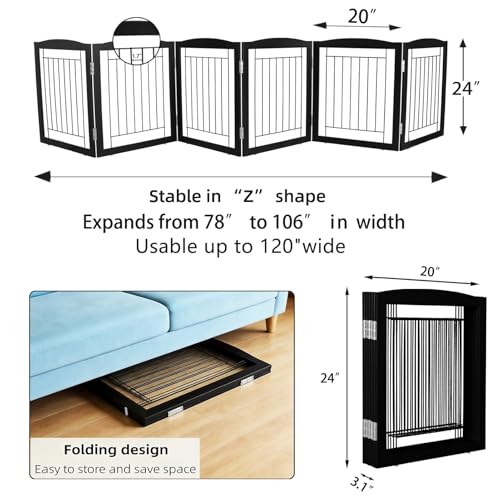 Freestanding Foldable Dog Gate for House Extra Wide Wooden Black Indoor Puppy Gate Stairs Dog Gates Doorways Tall Pet Gate 6 Panels Fence (Black / 【6 Panels】120''w x 24''h)